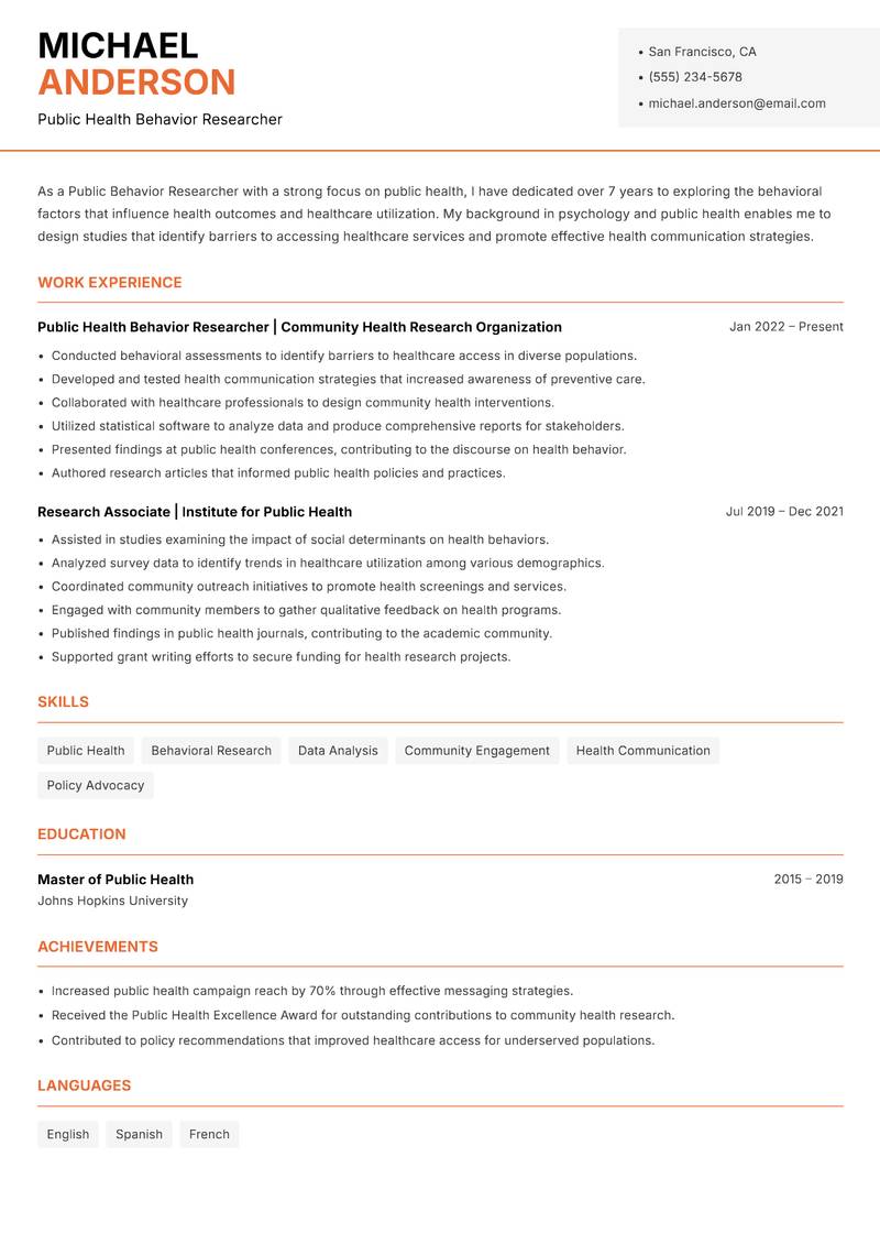 Public Behavior Researcher Resume Template