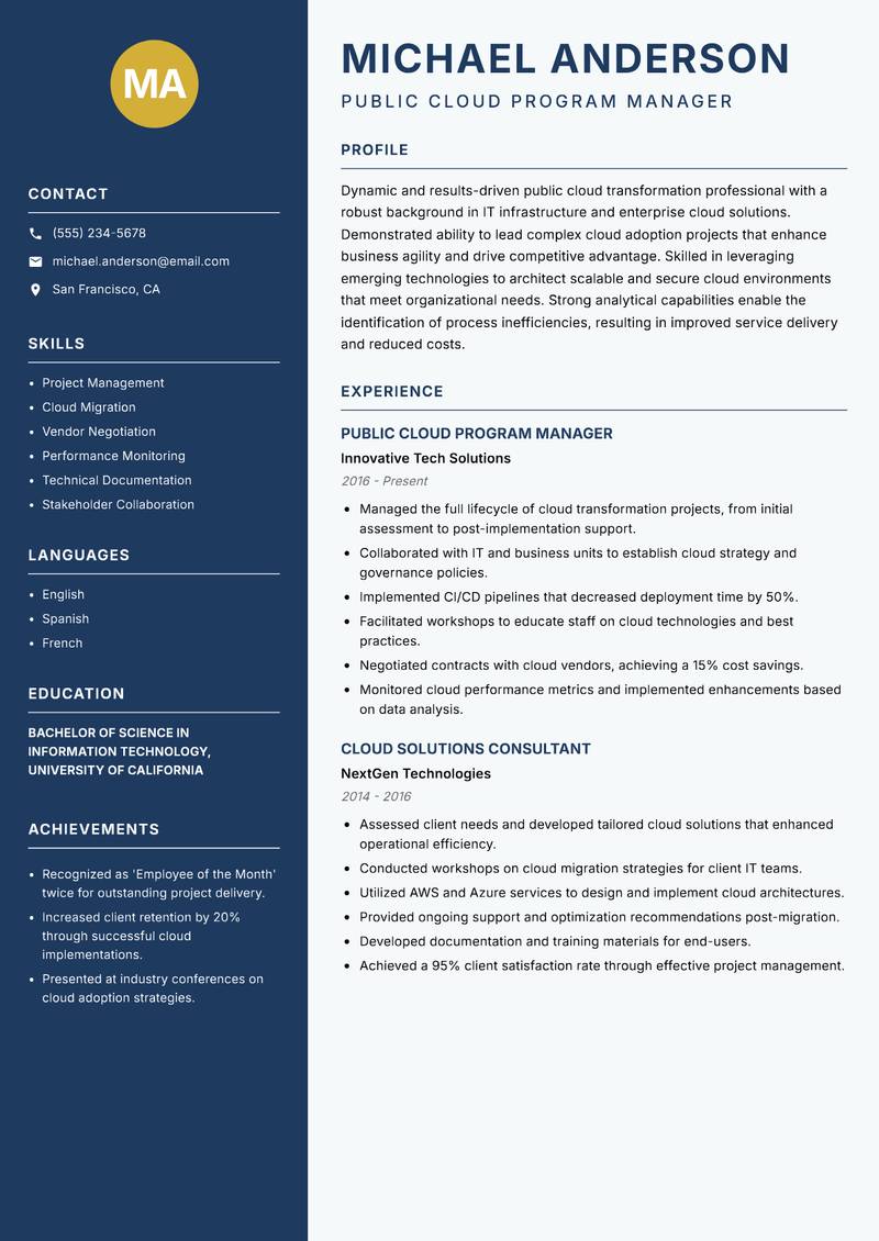 Public Cloud Transformation Lead Resume Preview Example