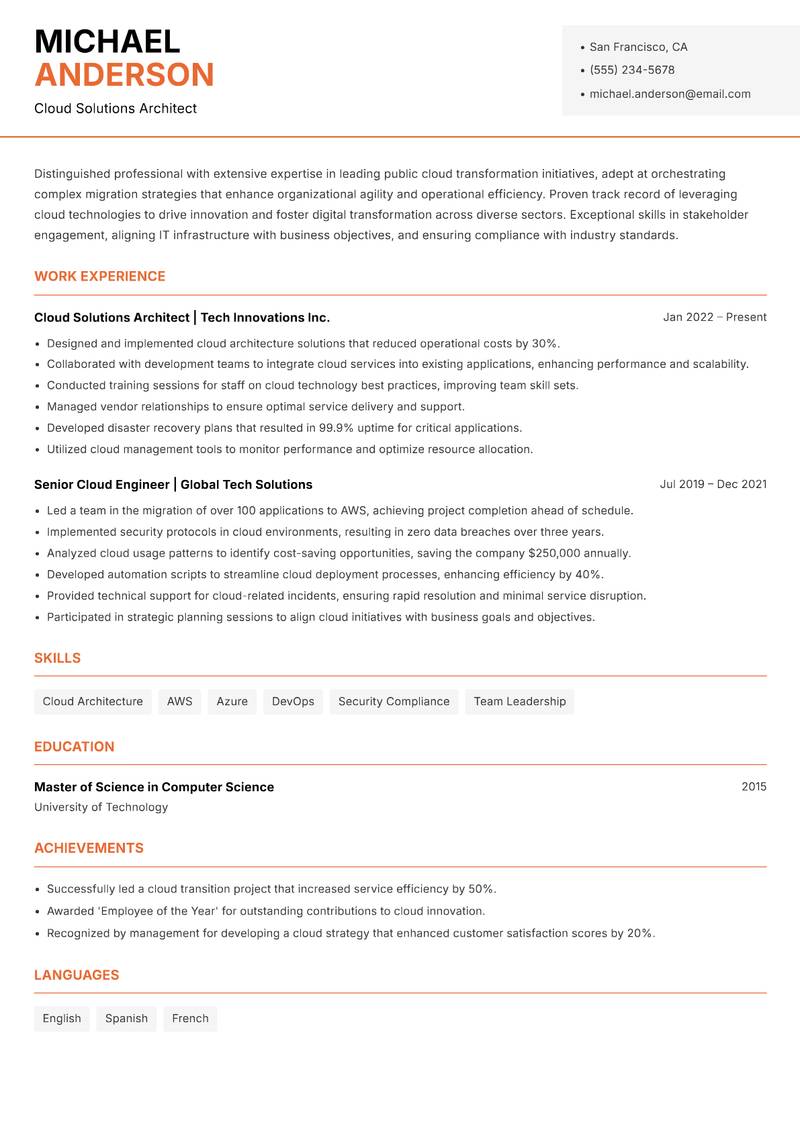 Public Cloud Transformation Lead Resume Template