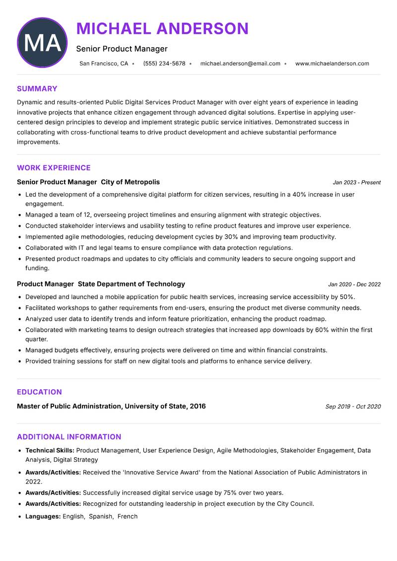 Public Digital Services Product Manager Resume Preview Example