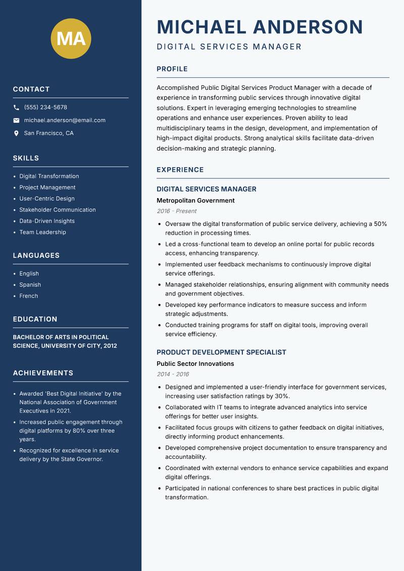 Public Digital Services Product Manager Resume Preview Example