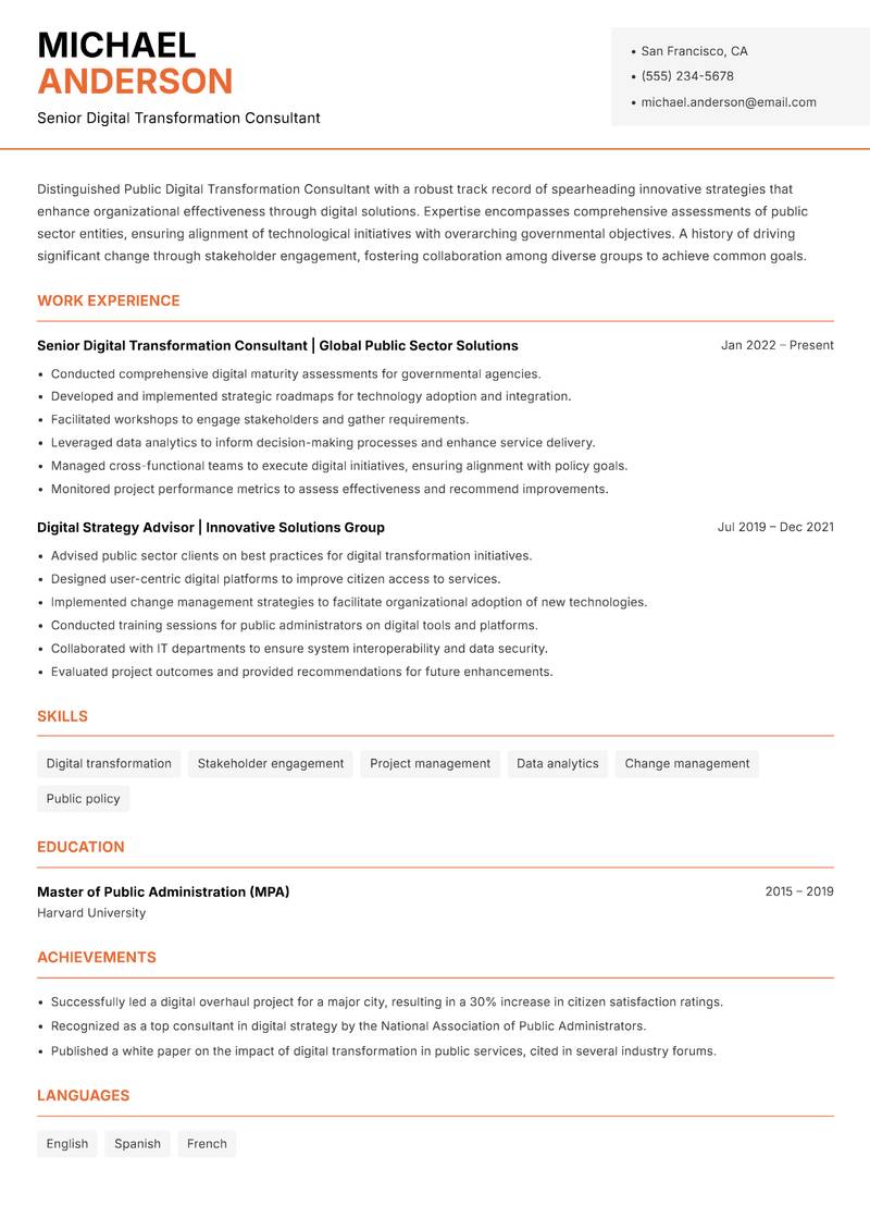 Public Digital Transformation Consultant Resume Template