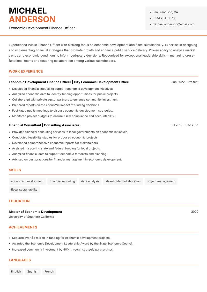Public Finance Officer Resume Template