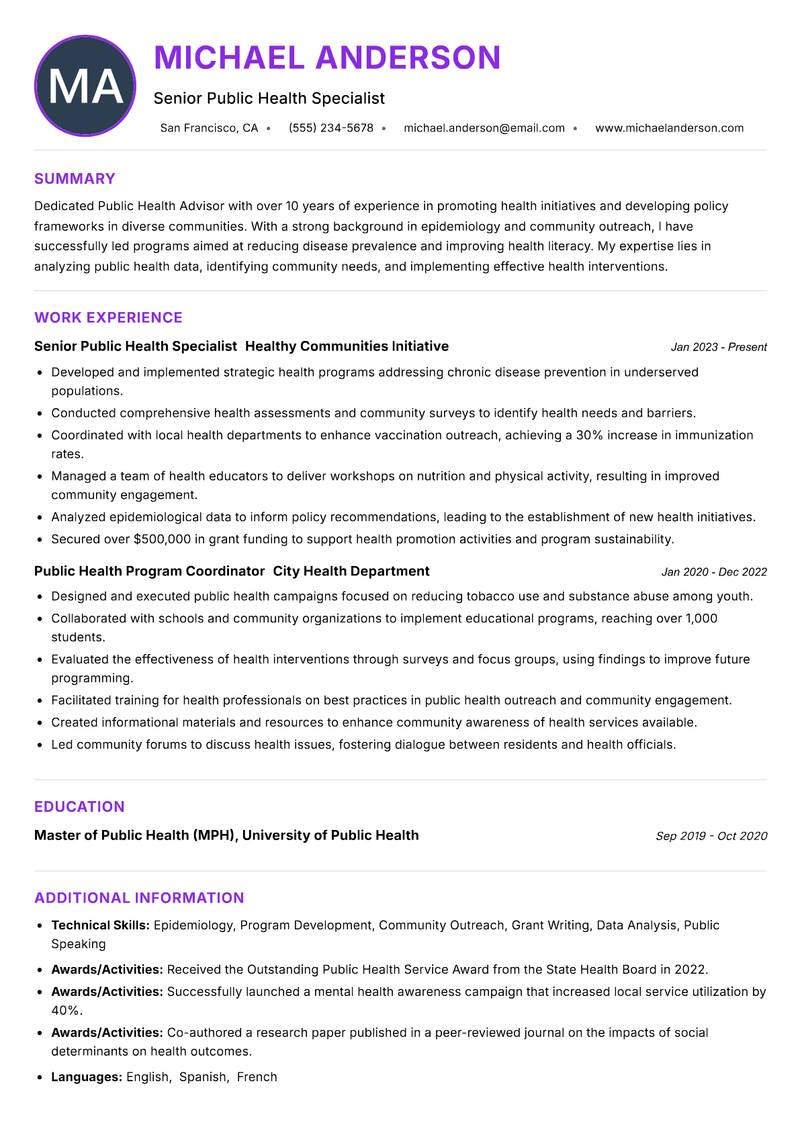 Public Health Advisor Resume Preview Example