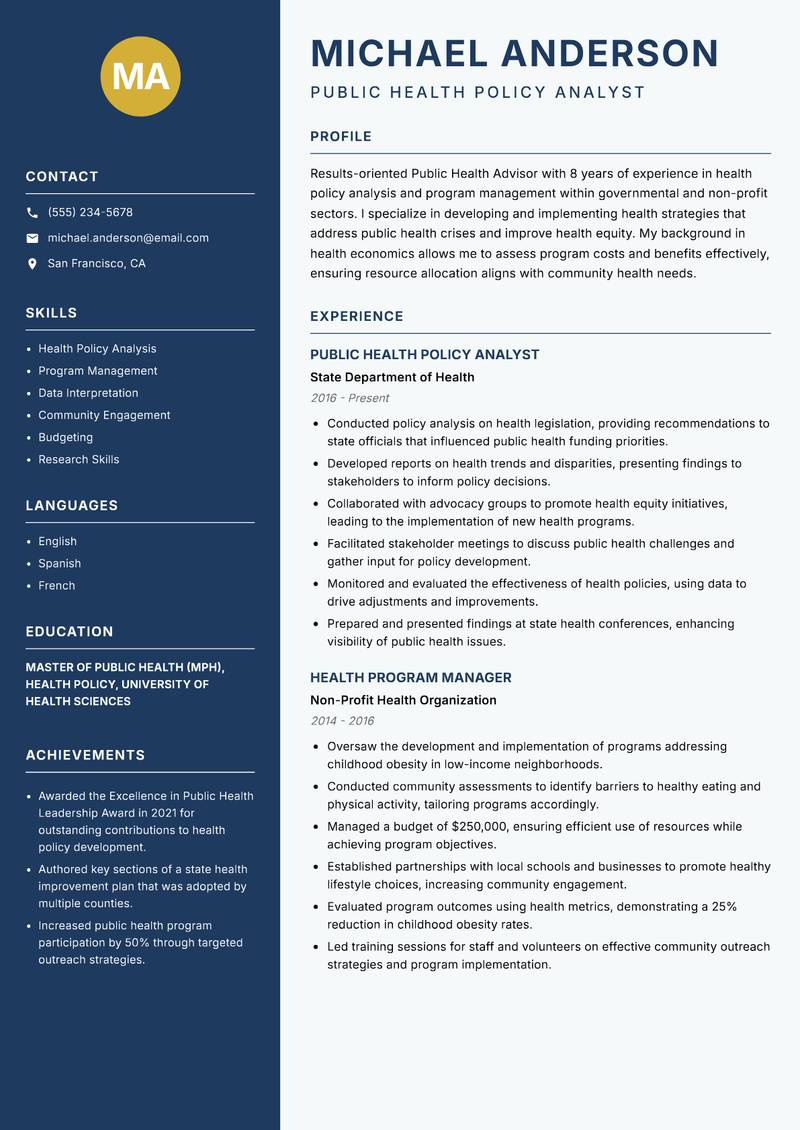 Public Health Advisor Resume Preview Example