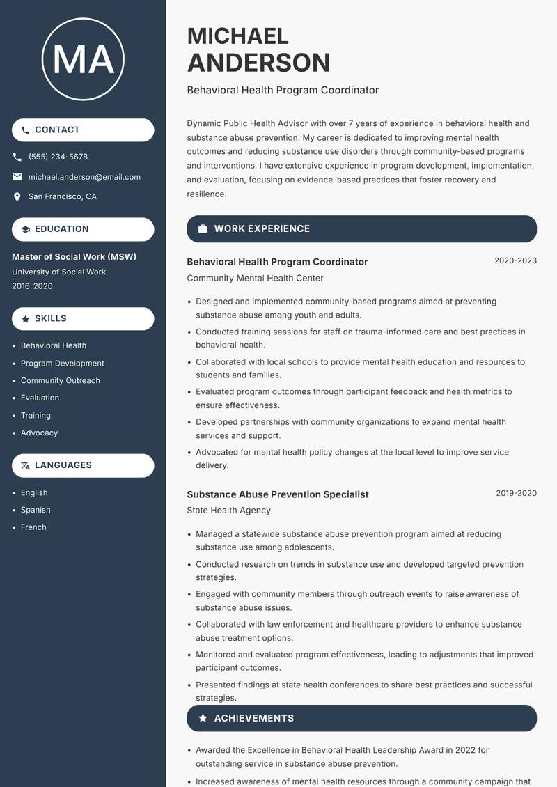Public Health Advisor Resume Preview Example