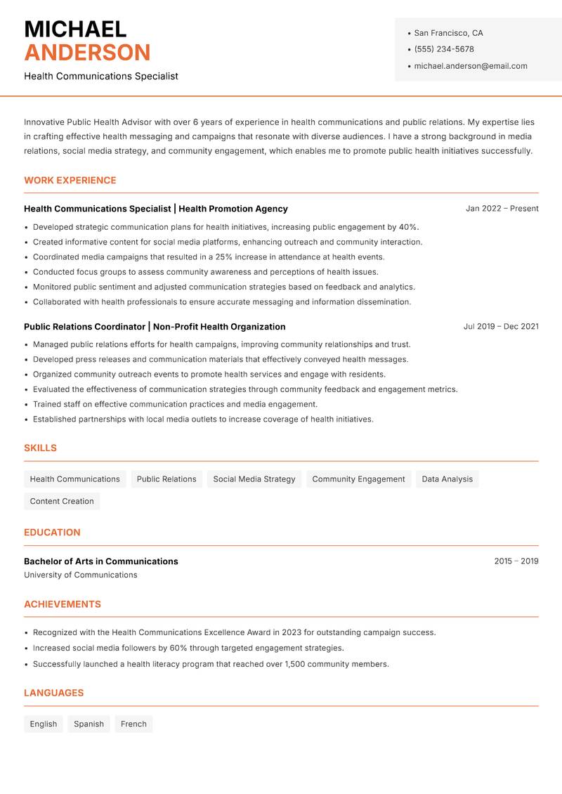 Public Health Advisor Resume Template