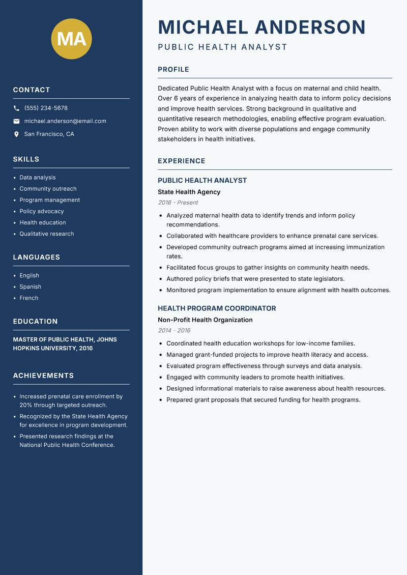 Public Health Analyst Resume Preview Example