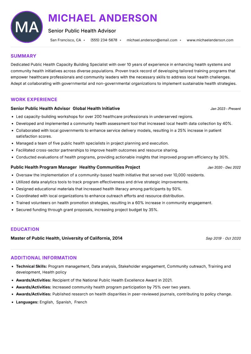 Public Health Capacity Building Specialist Resume Preview Example