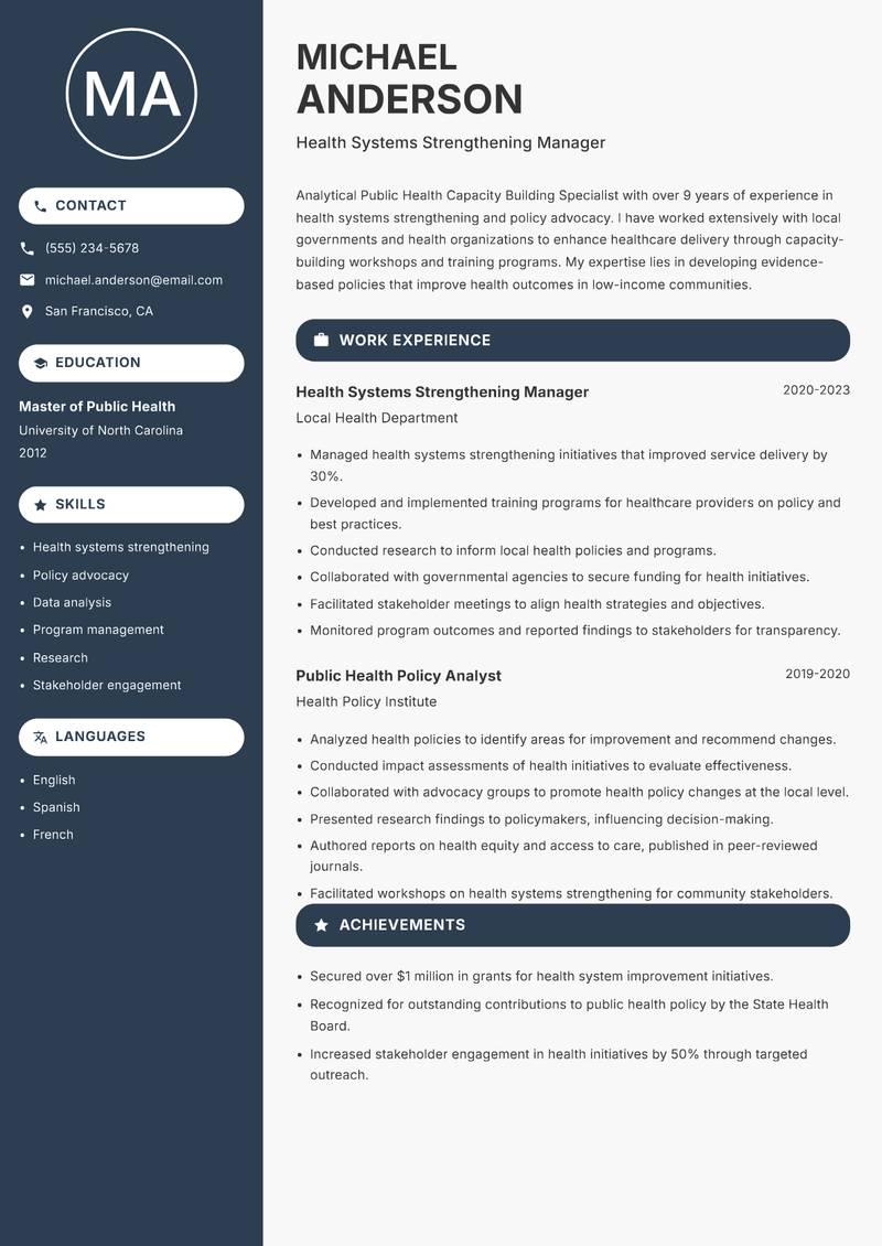 Public Health Capacity Building Specialist Resume Preview Example