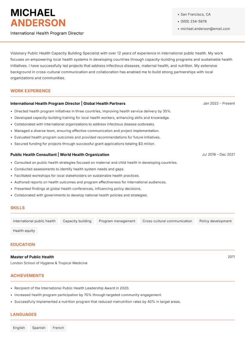 Public Health Capacity Building Specialist Resume Template