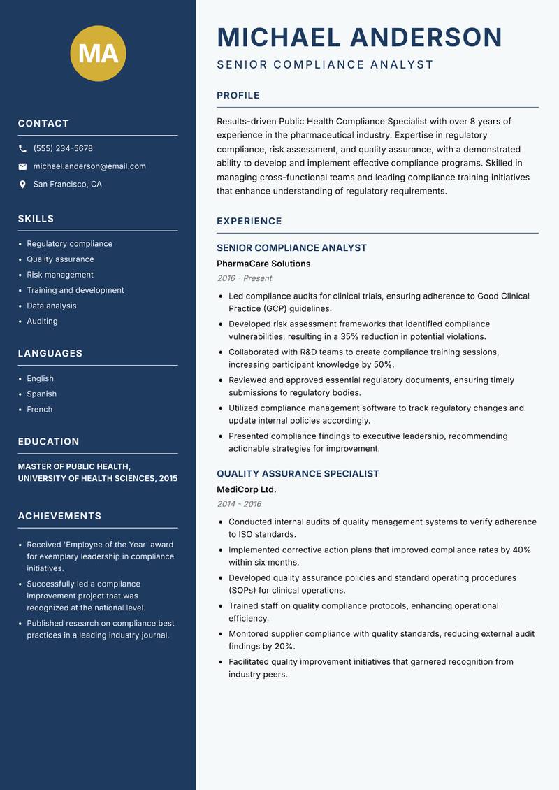 Public Health Compliance Specialist Resume Preview Example