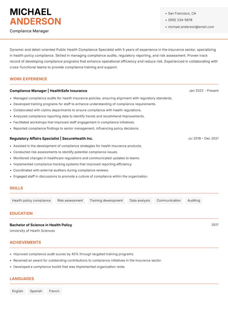 Public Health Compliance Specialist Resume Template
