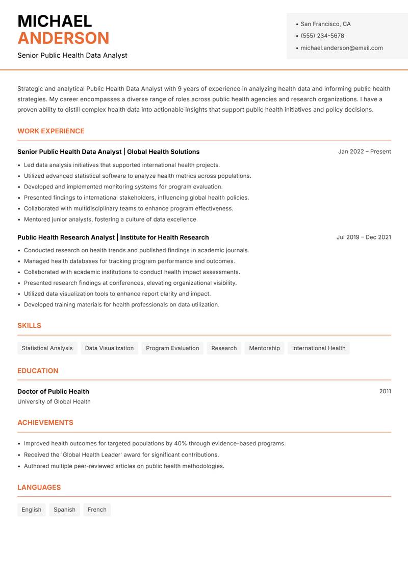 Public Health Data Analyst Resume Template