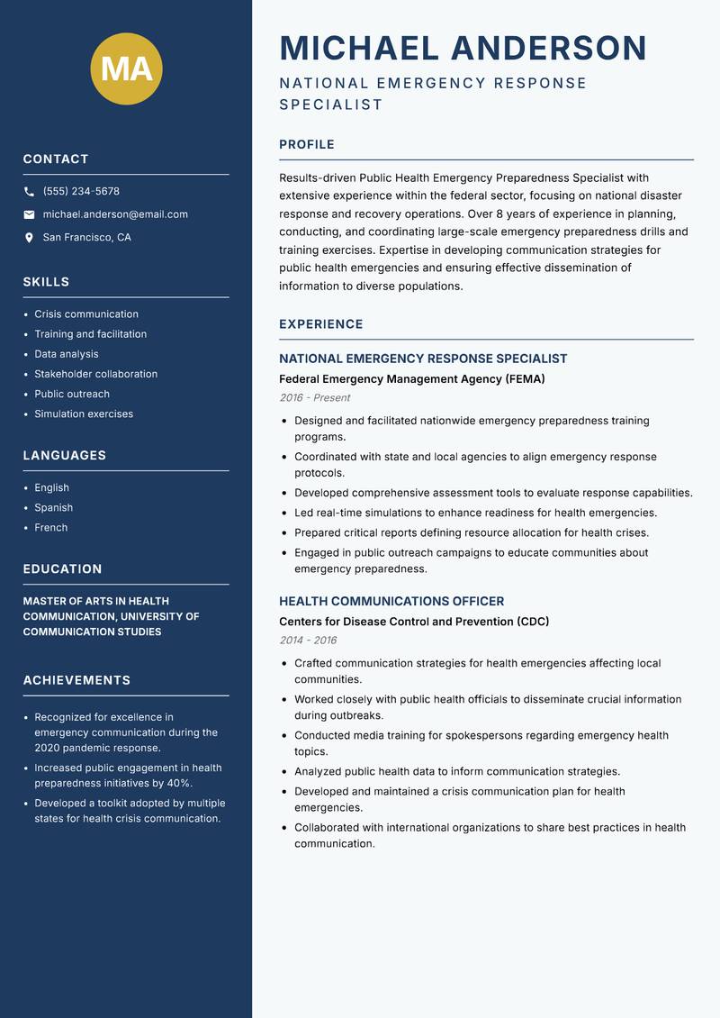 Public Health Emergency Preparedness Specialist Resume Preview Example