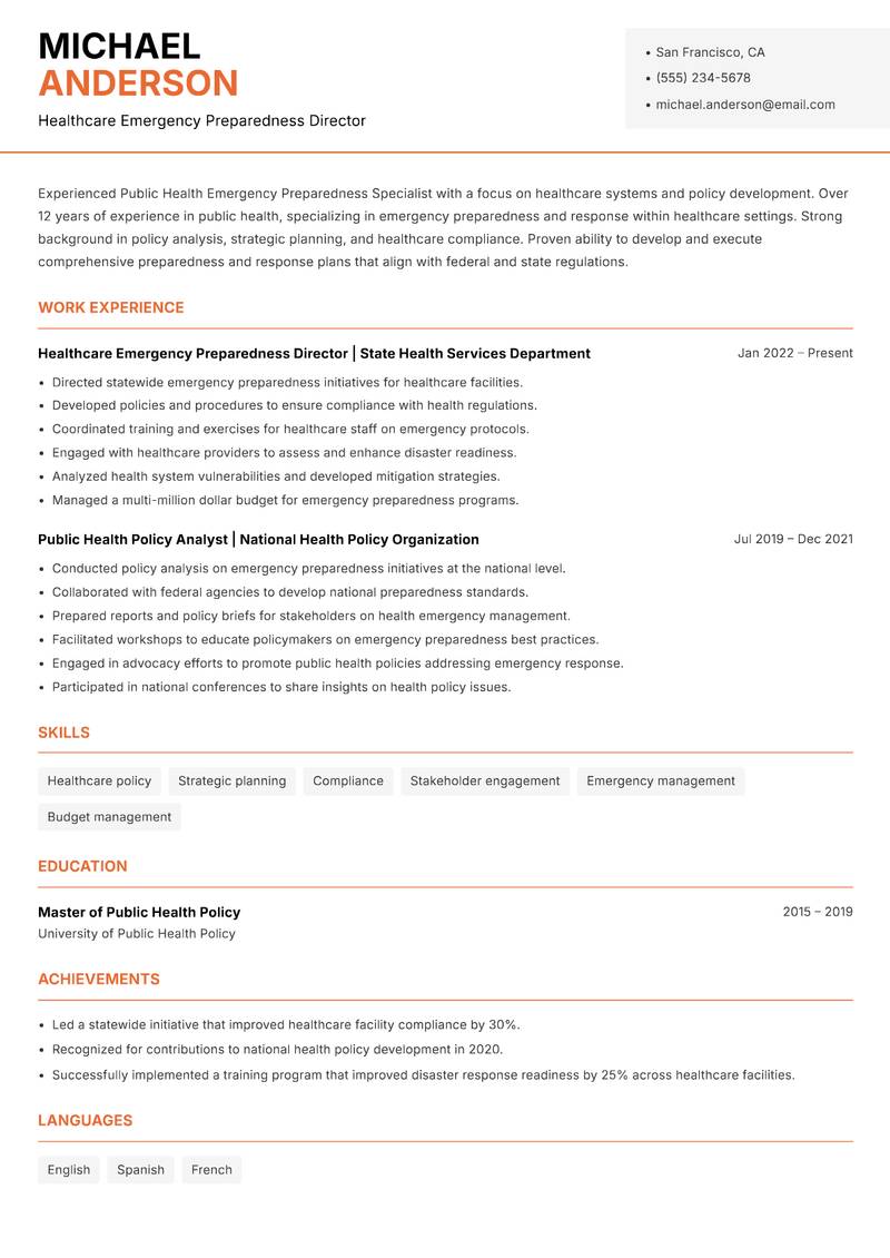 Public Health Emergency Preparedness Specialist Resume Template