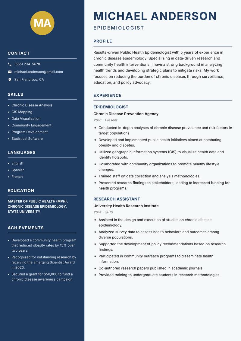 Public Health Epidemiologist Resume Preview Example