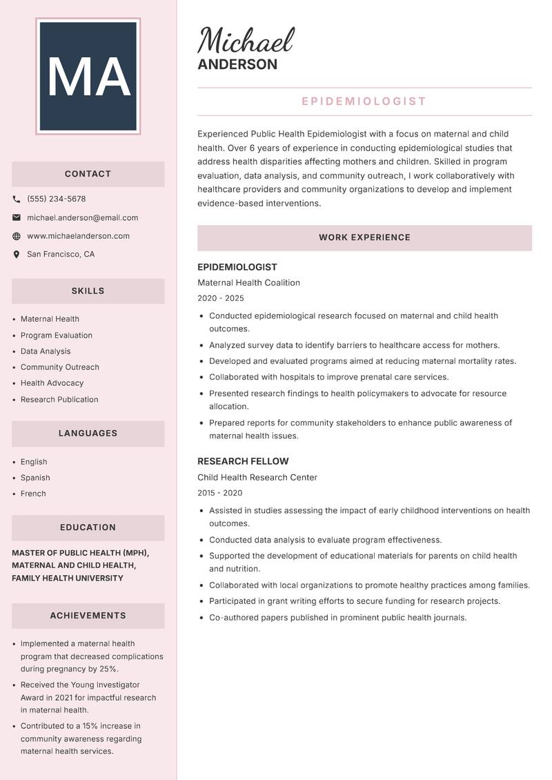 Public Health Epidemiologist Resume Preview Example