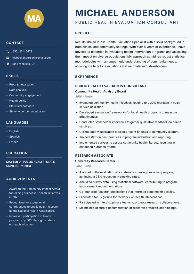 Public Health Evaluation Specialist Resume Preview Example