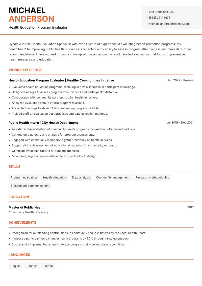 Public Health Evaluation Specialist Resume Template