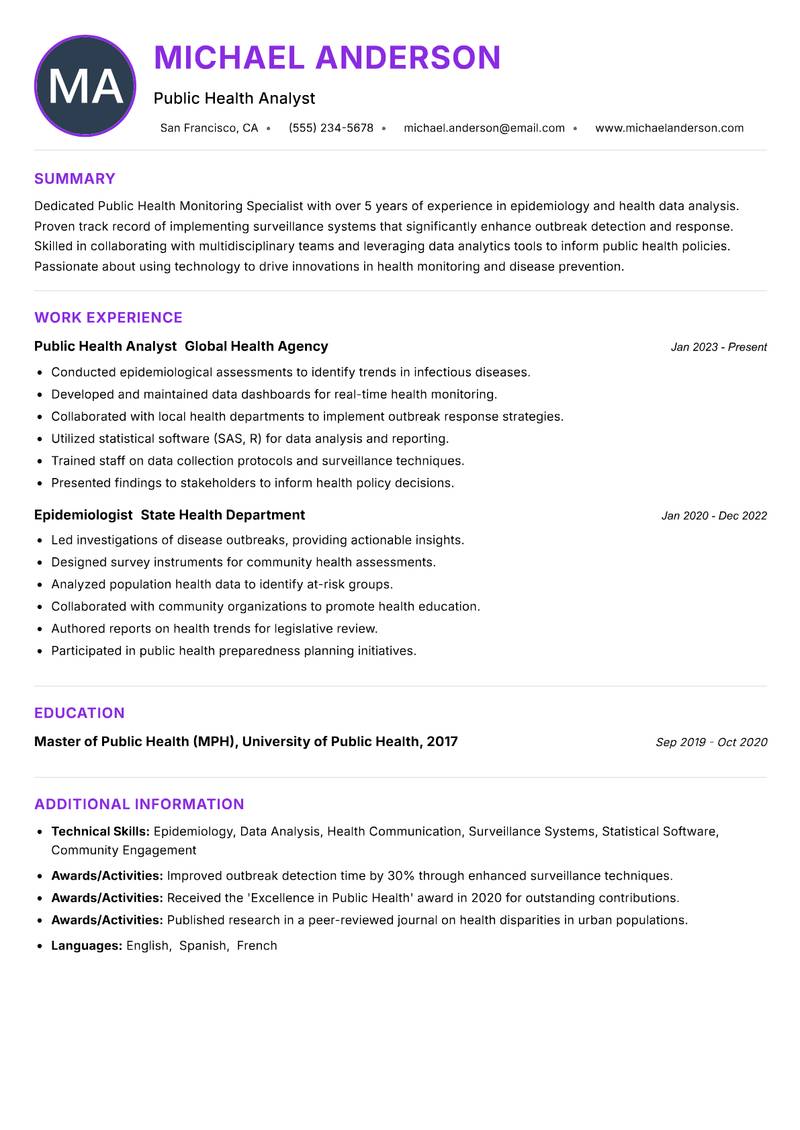 Public Health Monitoring Specialist Resume Preview Example