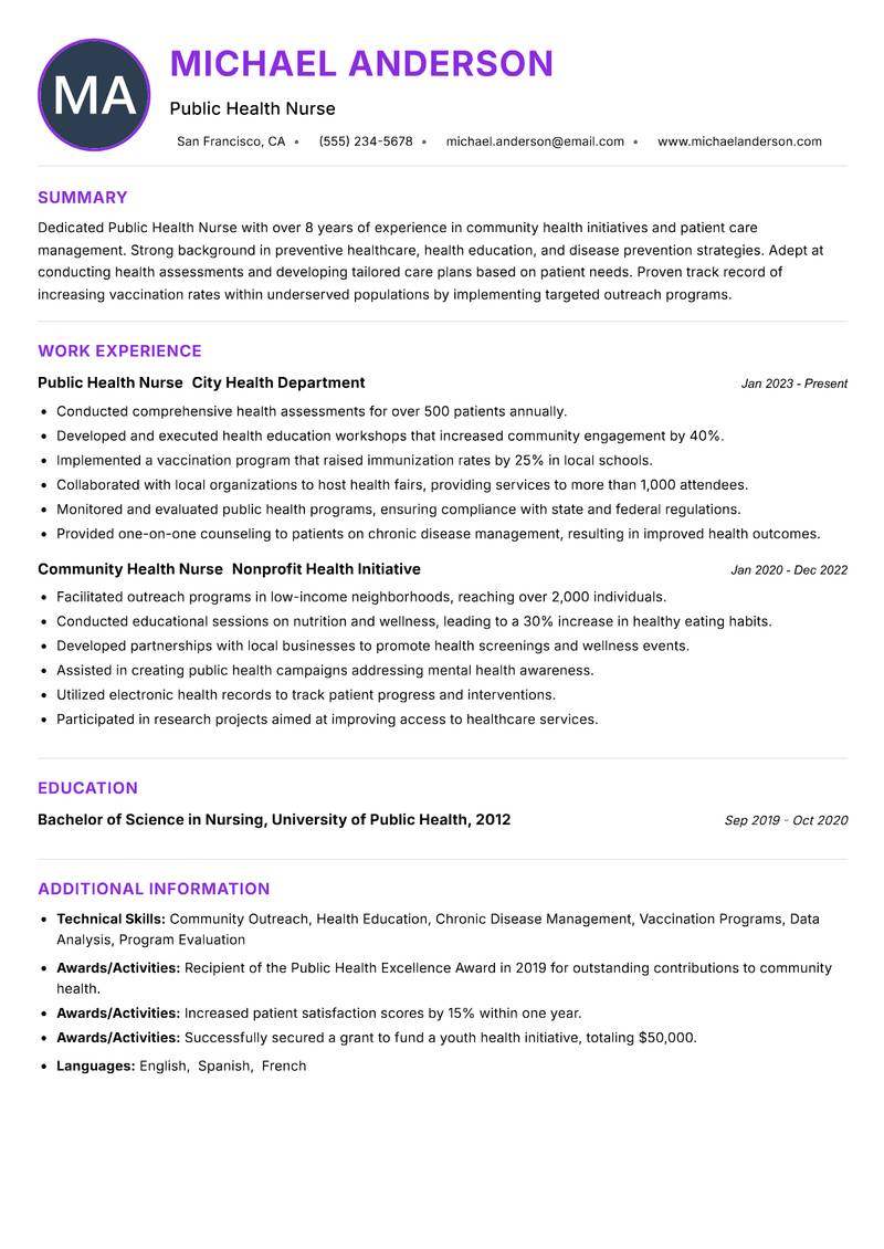 Public Health Nurse Resume Preview Example