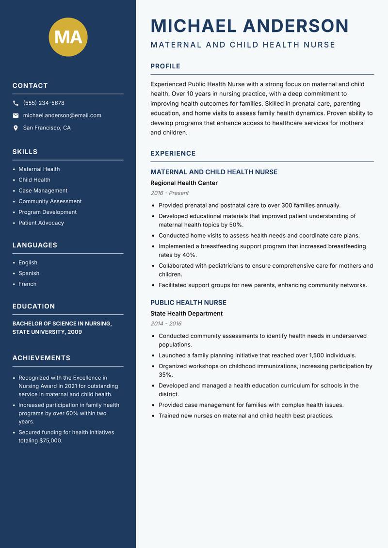 Public Health Nurse Resume Preview Example