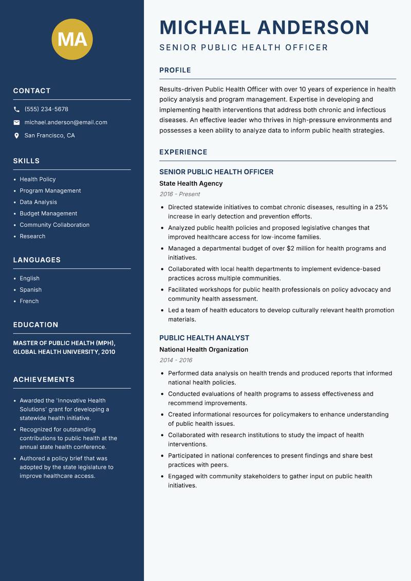 Public Health Officer Resume Preview Example