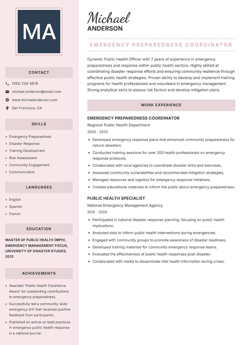 Public Health Officer Resume Preview Example