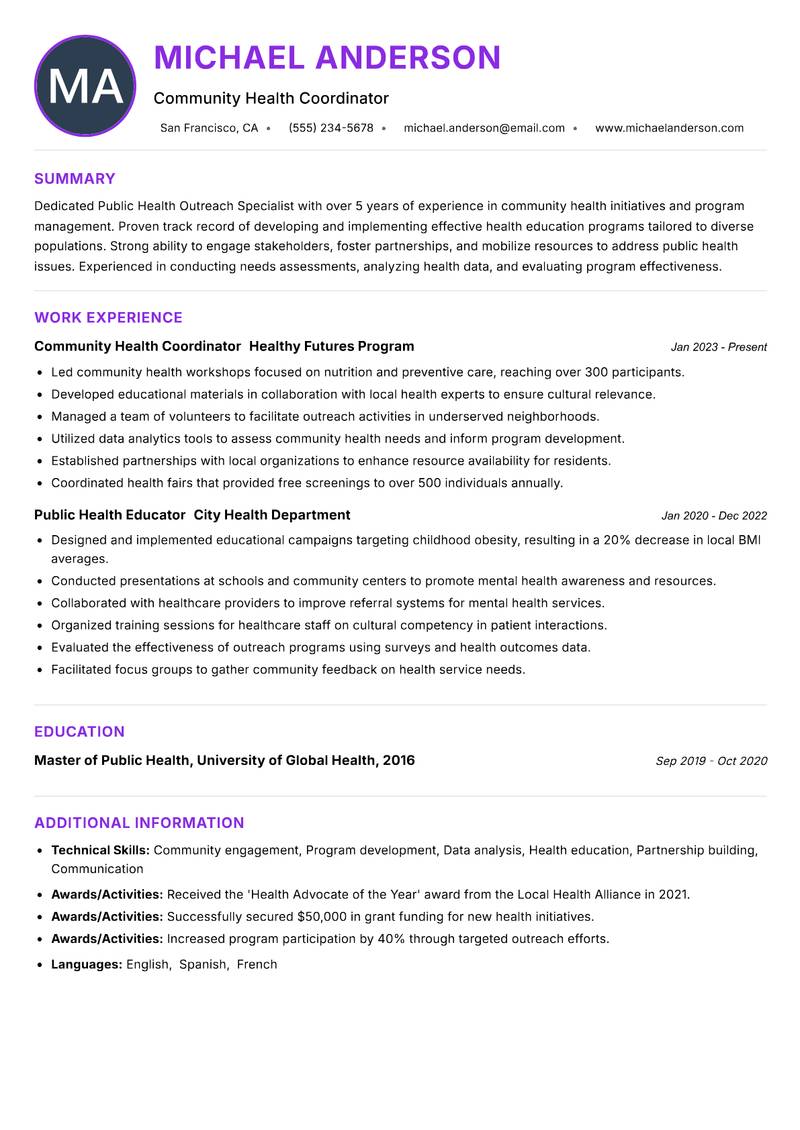 Public Health Outreach Specialist Resume Preview Example
