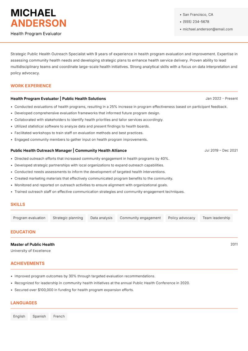 Public Health Outreach Specialist Resume Template
