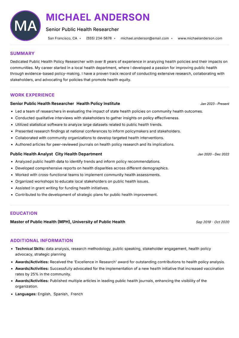 Public Health Policy Researcher Resume Preview Example