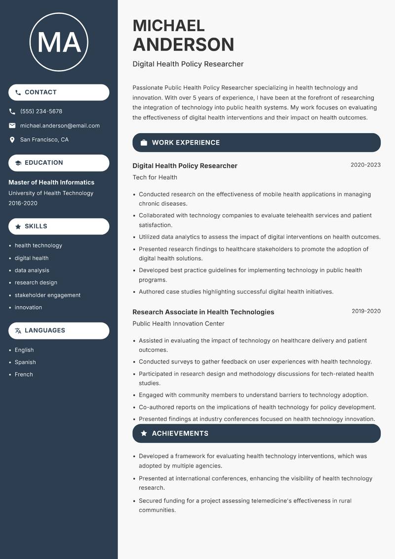 Public Health Policy Researcher Resume Preview Example