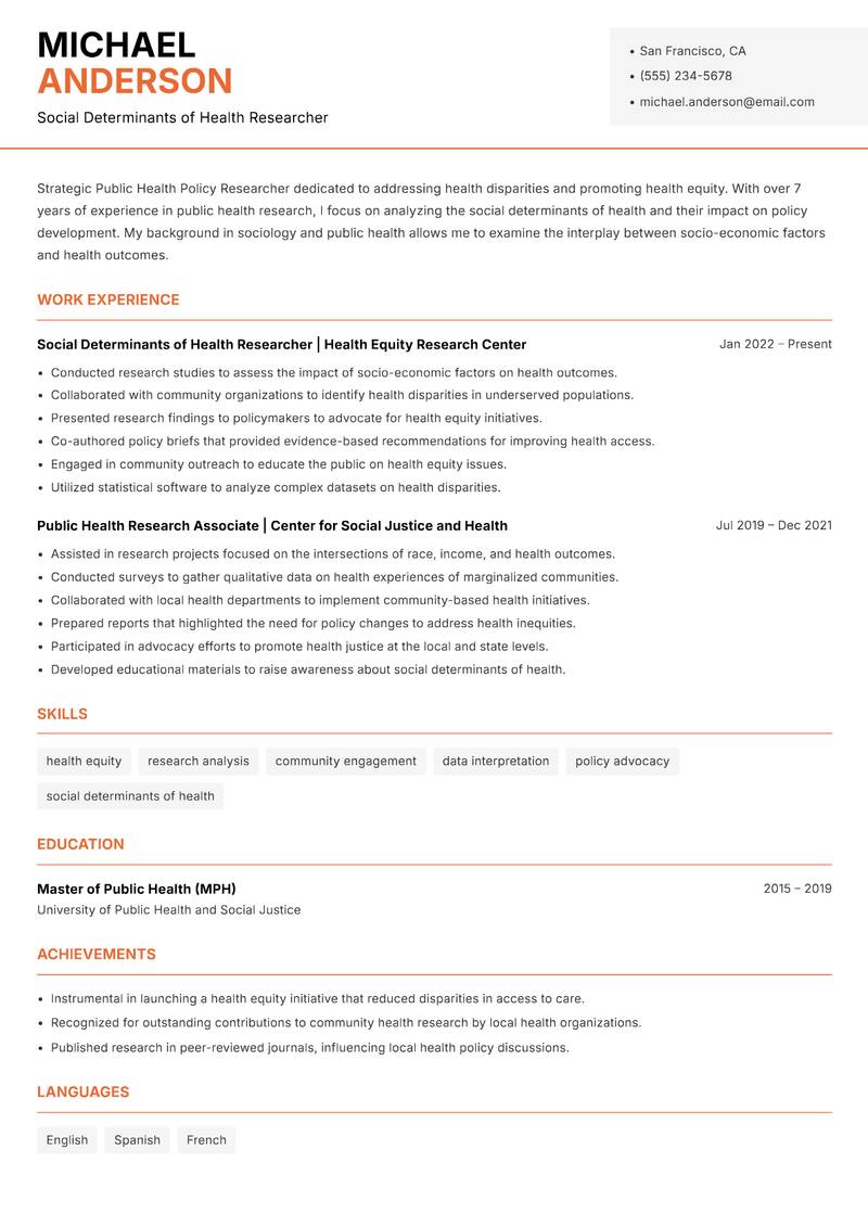 Public Health Policy Researcher Resume Template