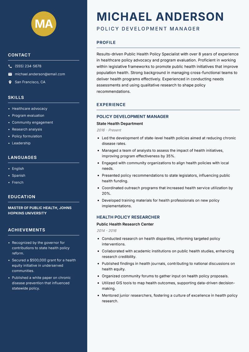 Public Health Policy Specialist Resume Preview Example
