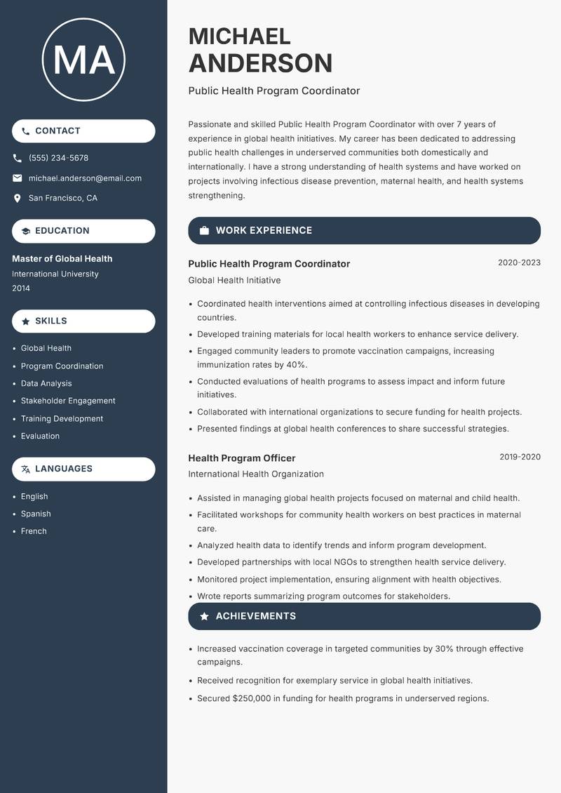 Public Health Program Coordinator Resume Preview Example