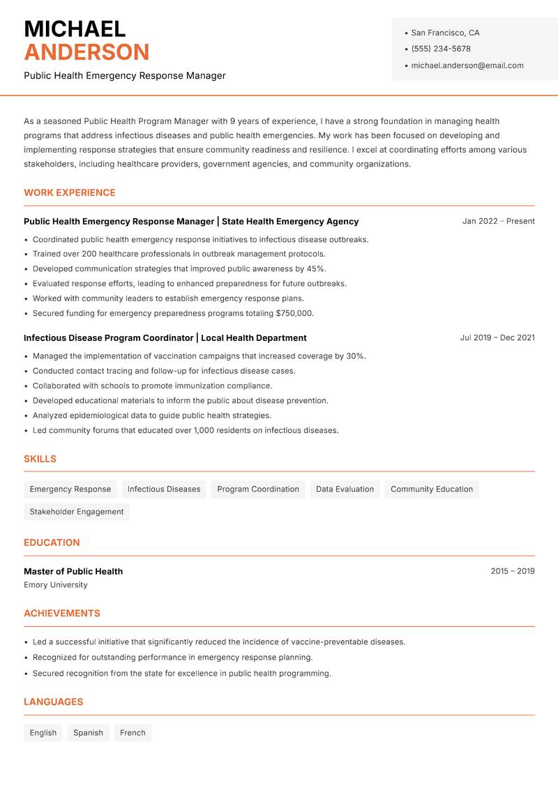 Public Health Program Manager Resume Template