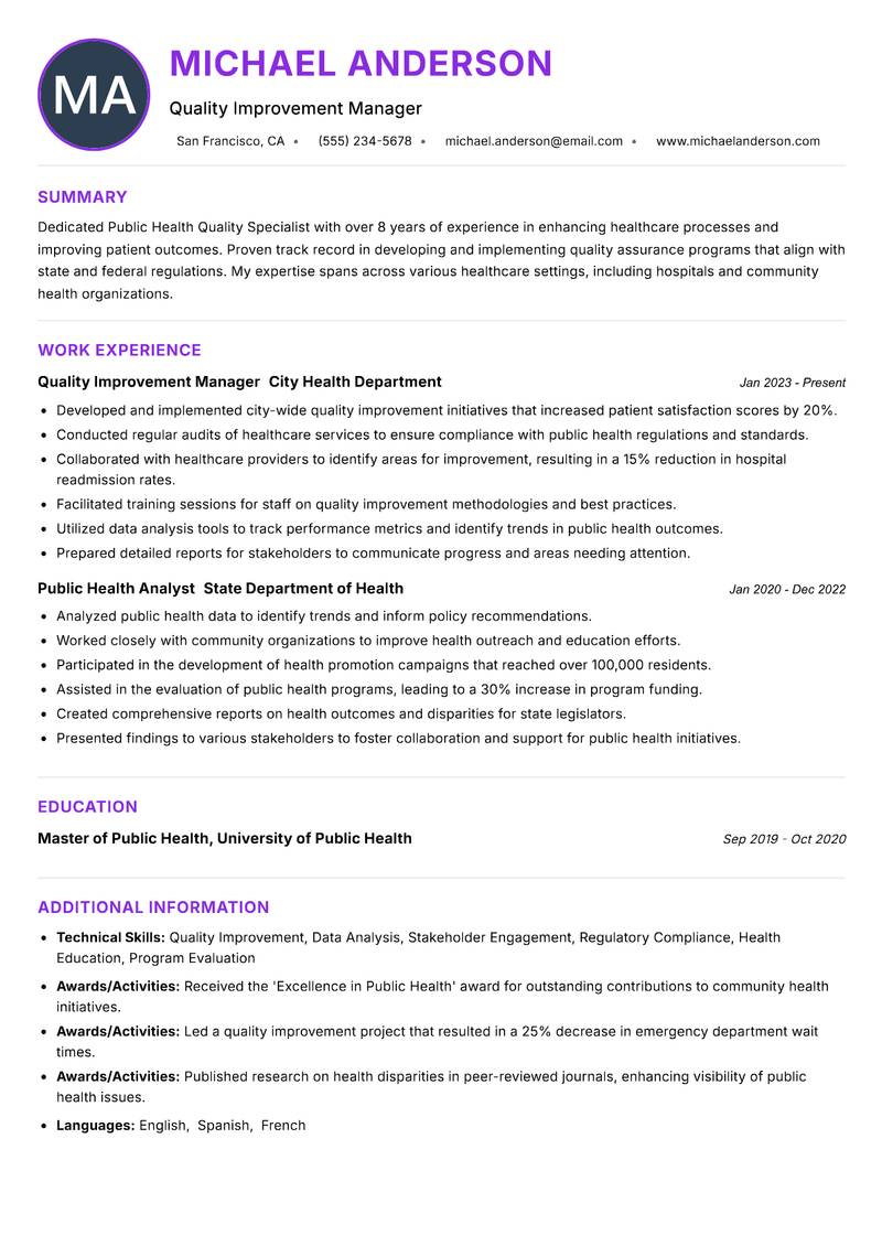 Public Health Quality Specialist Resume Preview Example