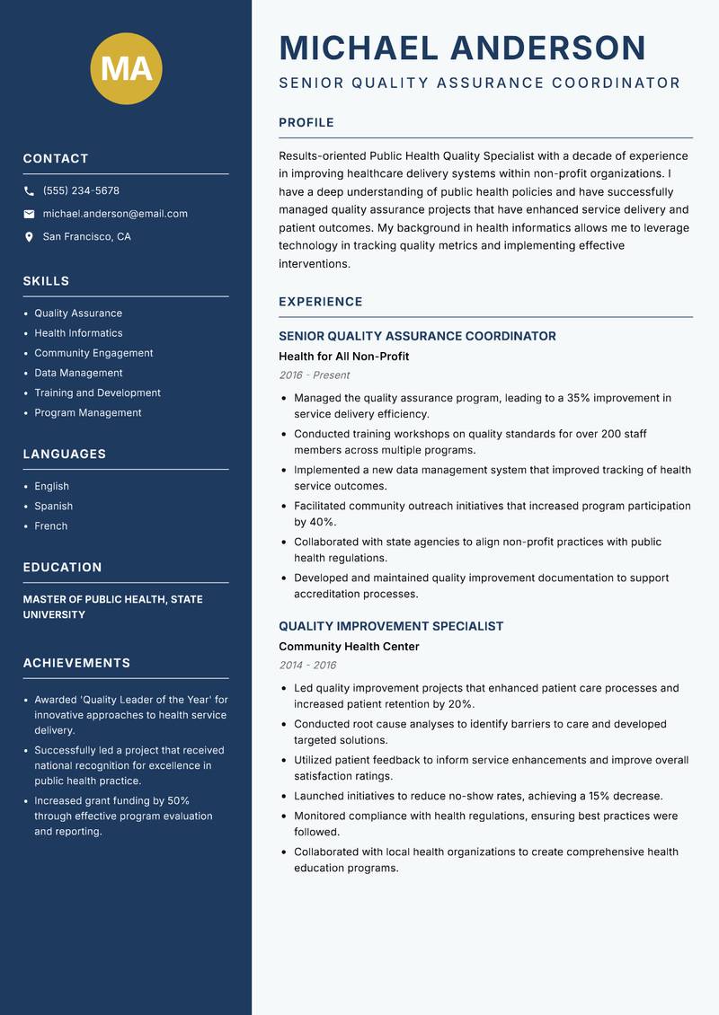 Public Health Quality Specialist Resume Preview Example