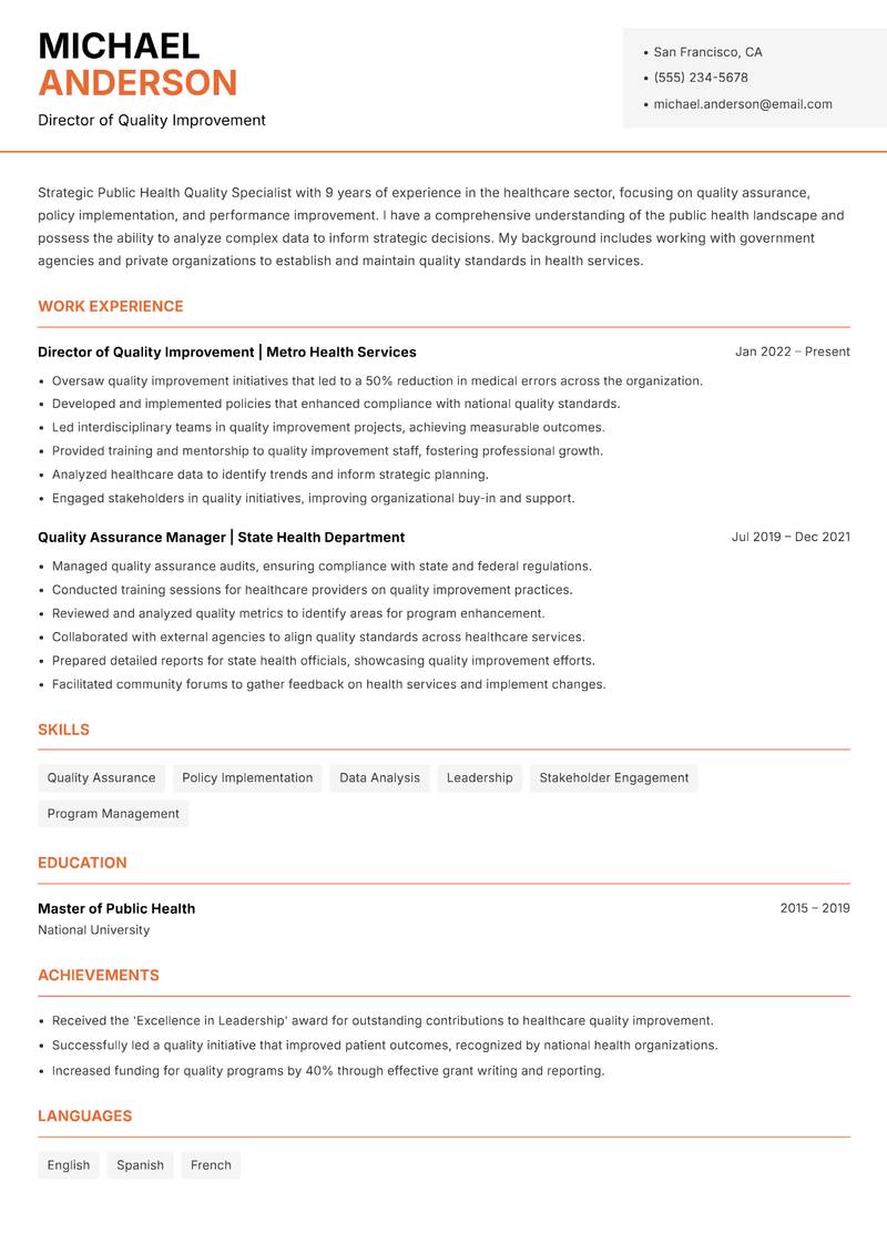 Public Health Quality Specialist Resume Template