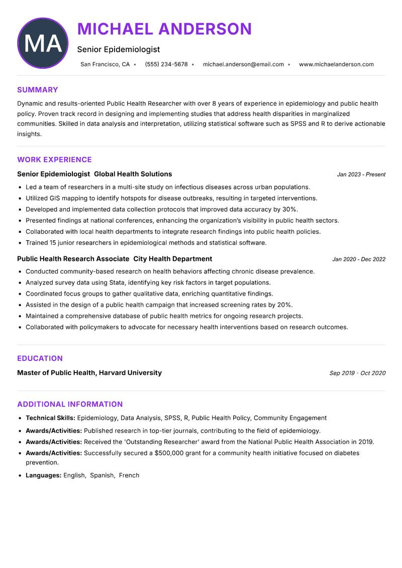 Public Health Researcher Resume Preview Example