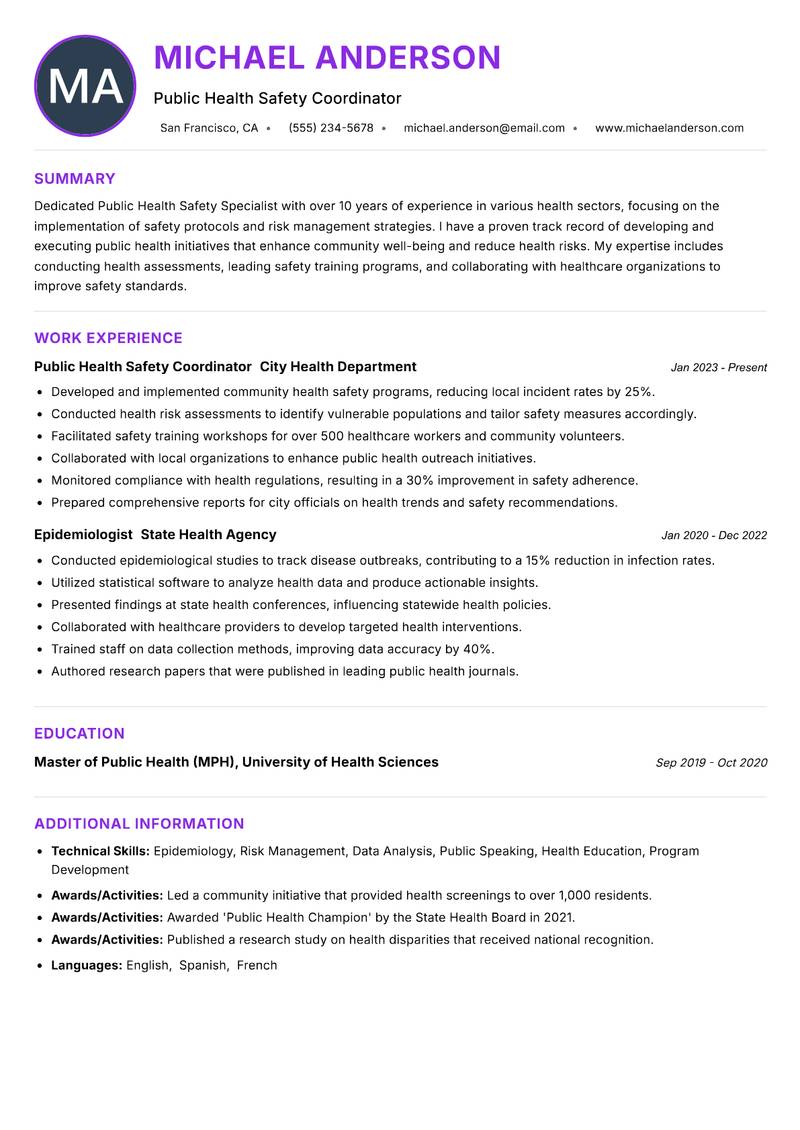 Public Health Safety Specialist Resume Preview Example