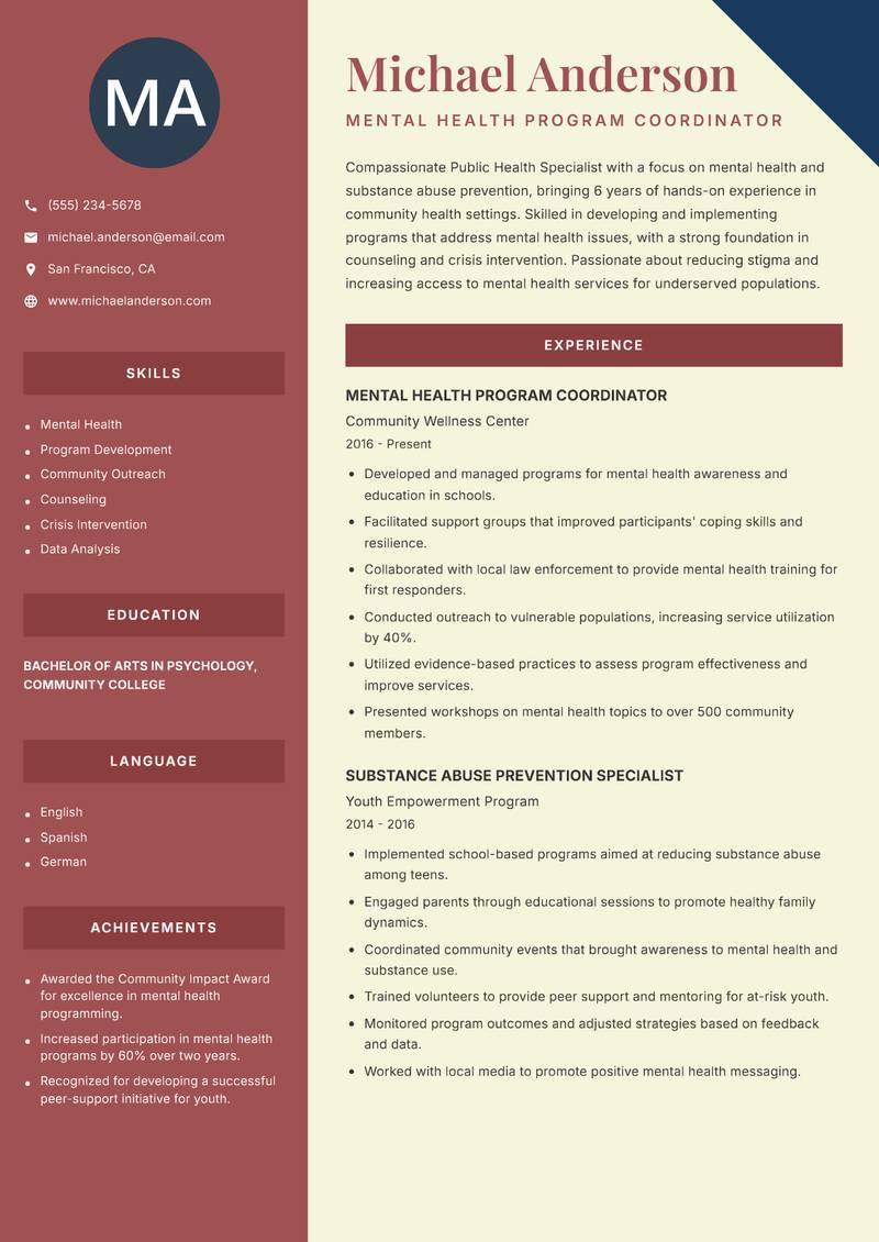 Public Health Specialist Resume Preview Example