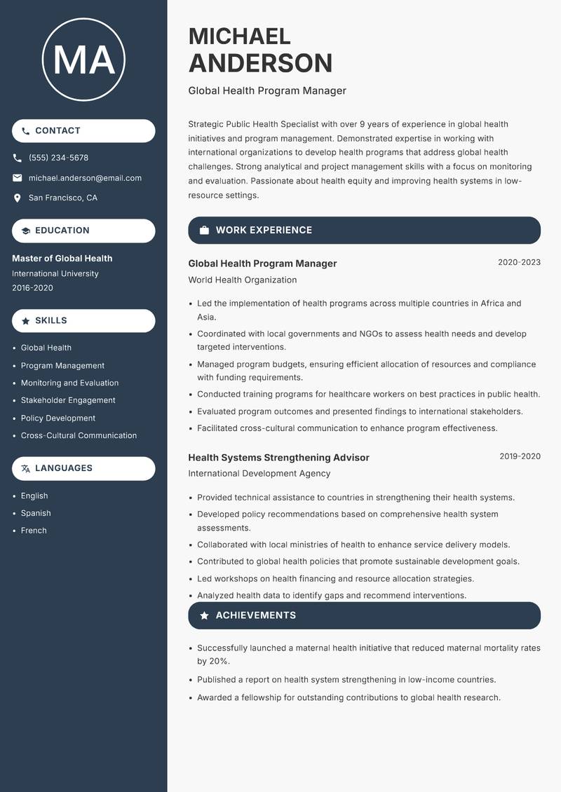 Public Health Specialist Resume Preview Example