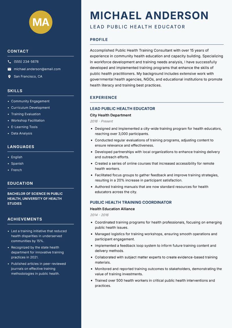 Public Health Training Consultant Resume Preview Example