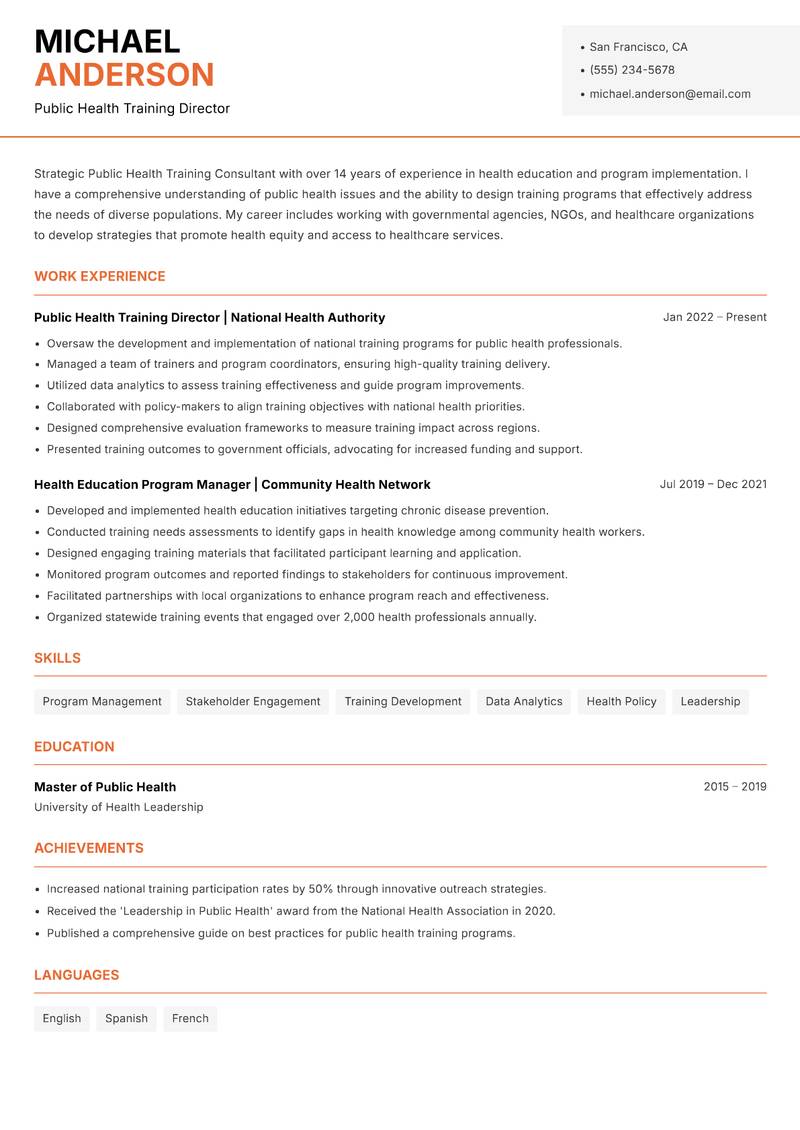 Public Health Training Consultant Resume Template