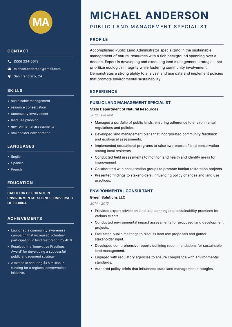 Public Land Administrator Resume Preview Example