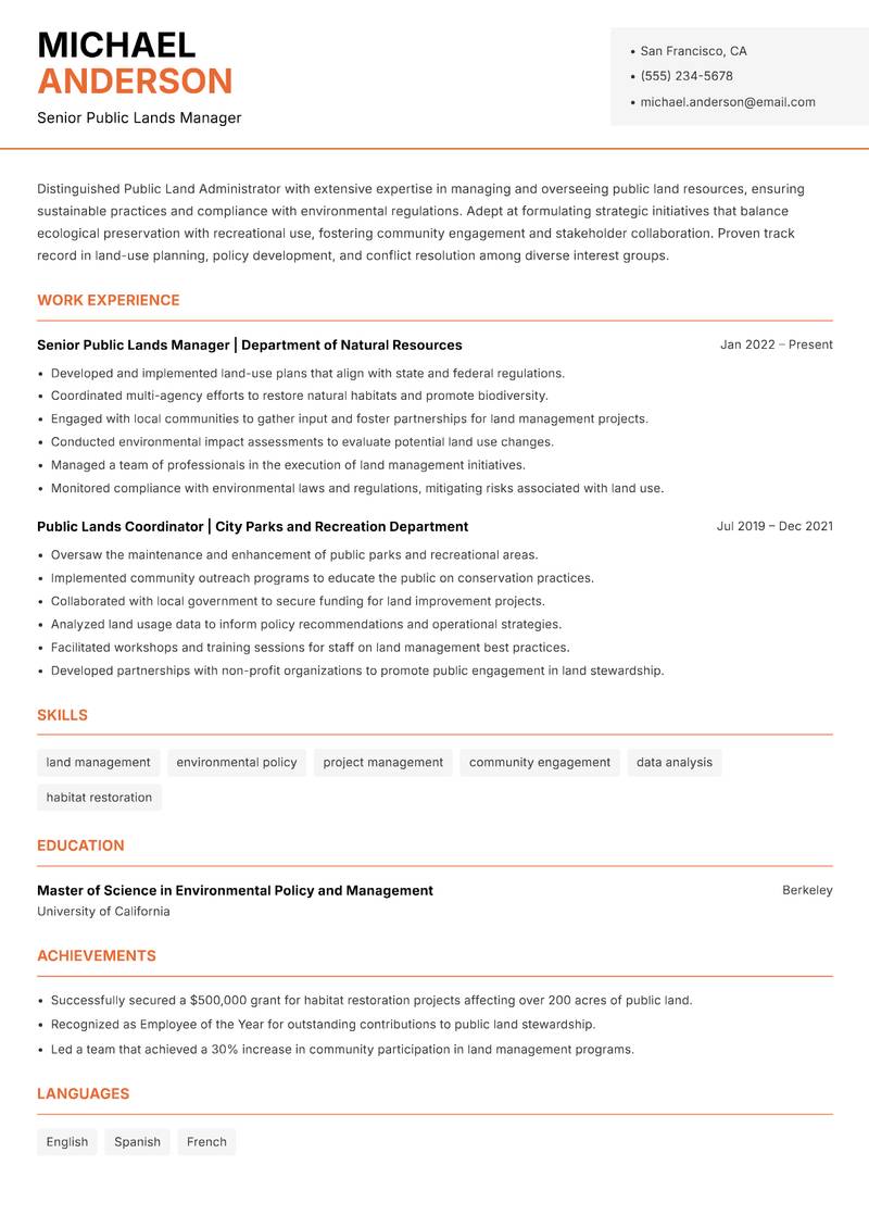 Public Land Administrator Resume Template