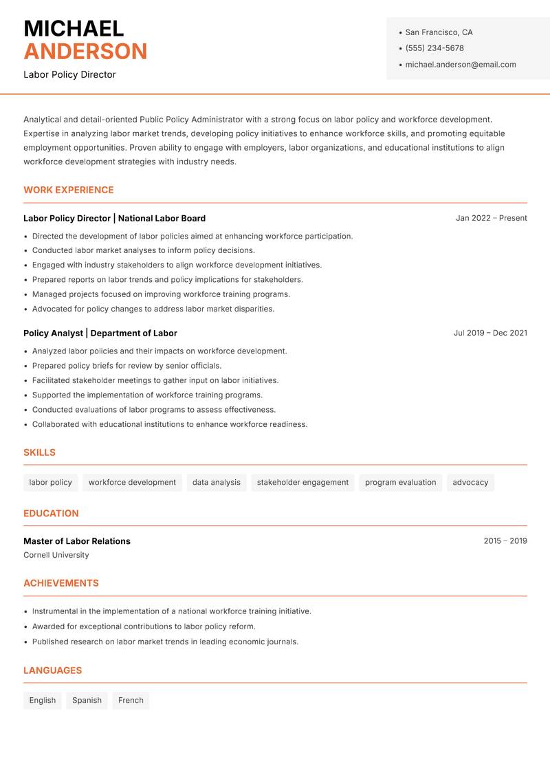 Public Policy Administrator Resume Template
