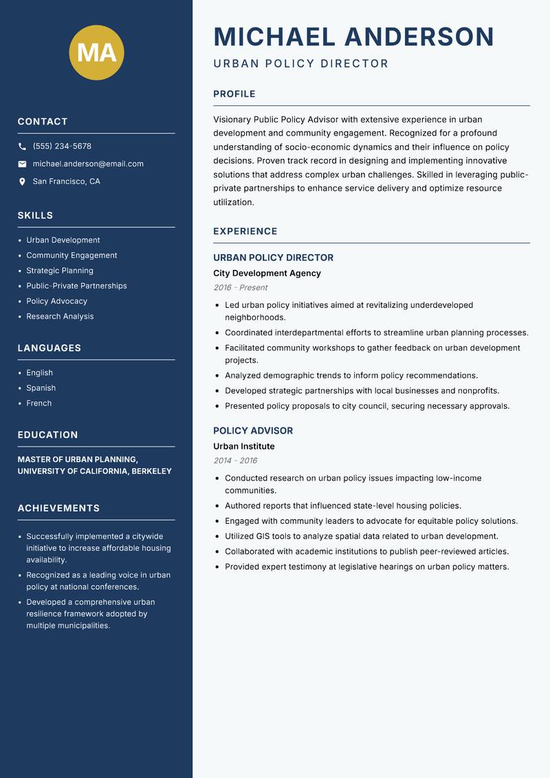Public Policy Advisor Resume Preview Example
